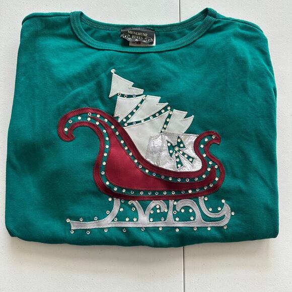 Vintage 80's Menehune Elves Green, Sleigh/Tree, Long Bat Sleeves Top-One Size - Picture 3 of 12